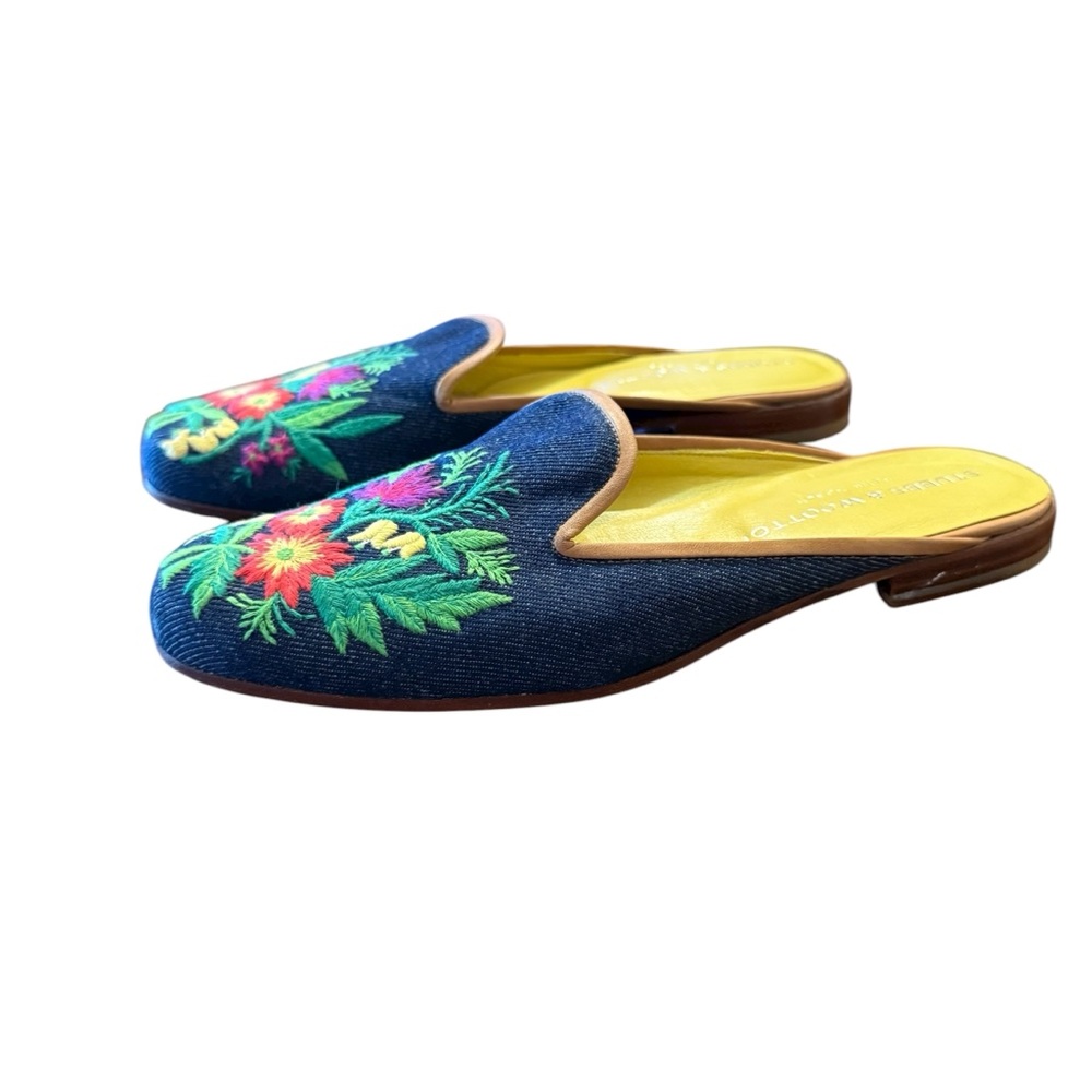 Stubbs & Wooten Emrodiery Vibrant Floral Denim Mules Slip On 7.5 - Picture 1 of 14